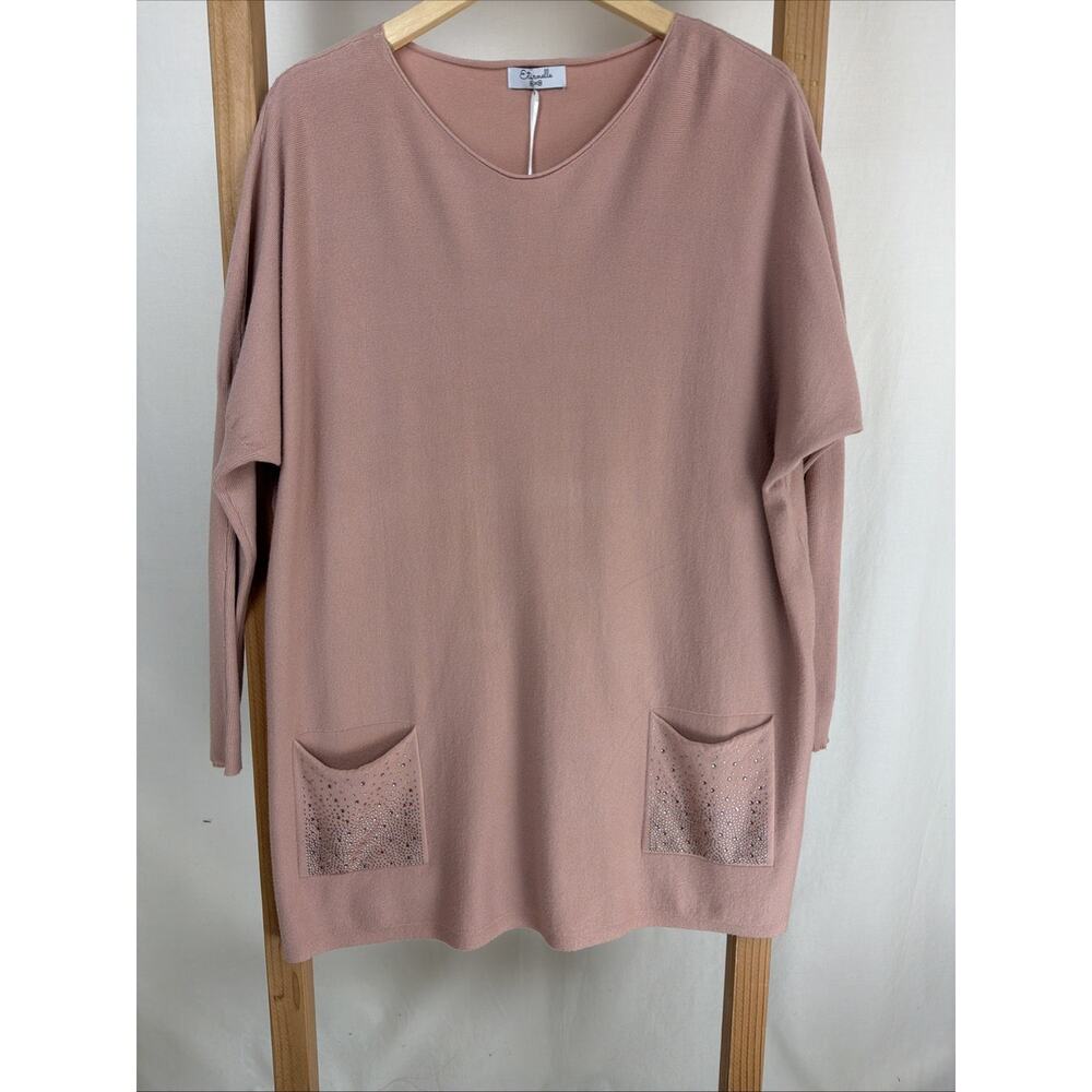 NWT Eternelle Pink Round Neck Dolman Sleeve Bedazzled Sweater #0936 Size OS